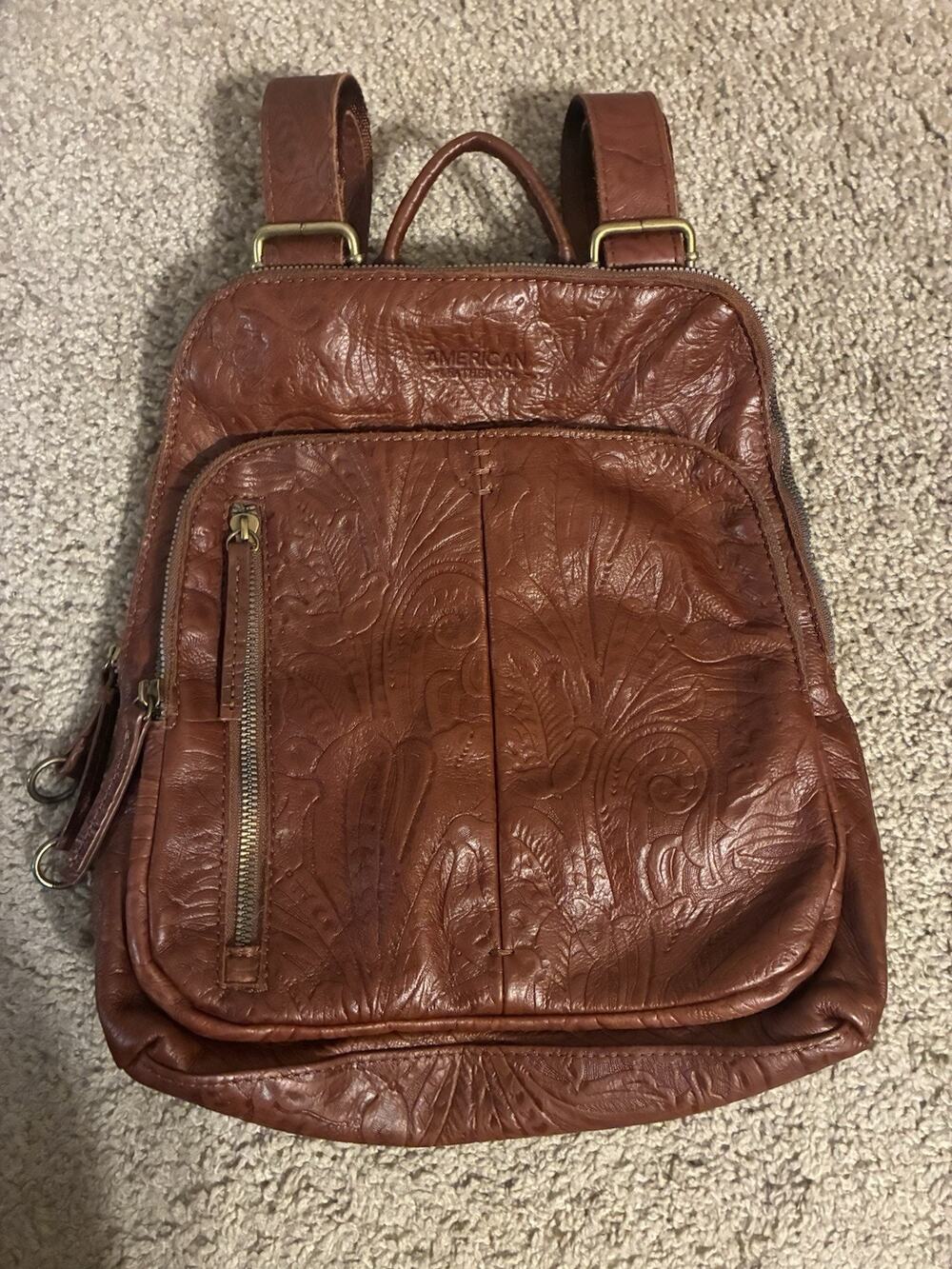 American Leather Co. Brown Embossed Floral Backpack Zippers Adjustable Strap